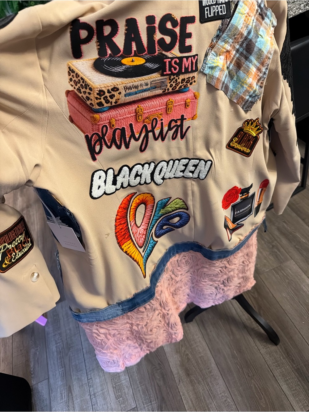 Embroidered Beige Patchwork Women's Blazer Jacket with Pink Trim